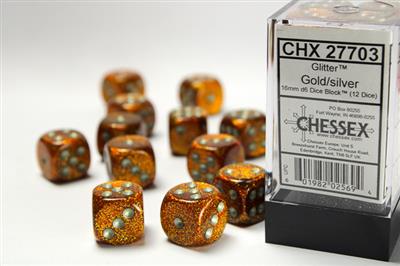 Glitter 16mm d6 Gold/silver Dice Block (12 dice) CHX27703