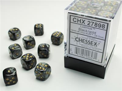 Lustrous 12mm d6 Black/gold Dice Block (36 dice) CHX27898