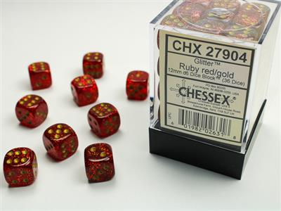 Glitter 12mm d6 Ruby/gold Dice Block (36 dice) CHX27904