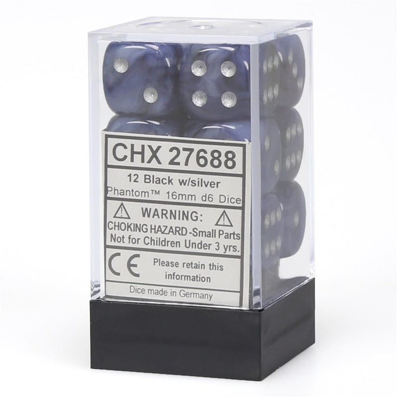 Phantom 16mm d6 Black/silver Dice Block (12 dice) CHX27688